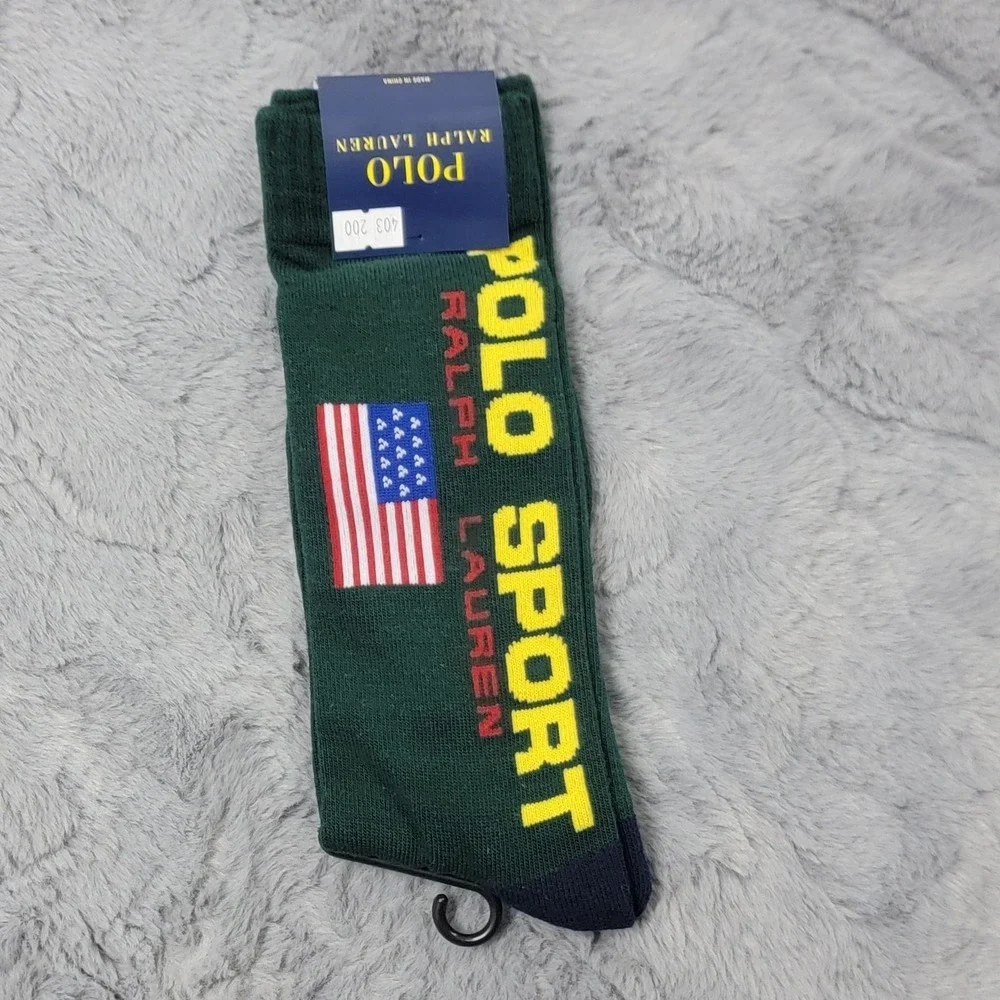 Polo Ralph Lauren Socks Mens 10-13 Green Polo Sport USA Flag Mid Calf Crew